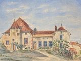 tableau représentant une maison au toit rouge et à la porte bleue
