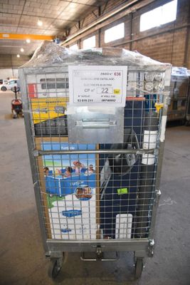 a cart with a lot of items in it in a warehouse