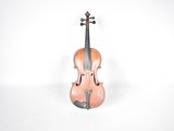 an old violin is sitting on a white surface with a cross on the back