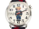 a watch with a polo bear on it on a red and blue strap