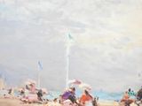 a painting of people walking on the beach with umbrellas