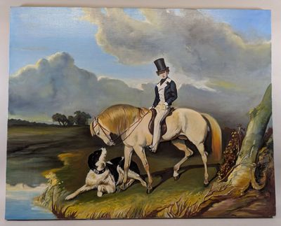 a painting of a man riding a horse with a dog