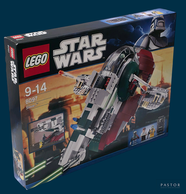 une boîte contenant des sets Lego Star Wars sur fond bleu
