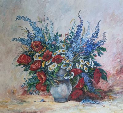 une peinture à l'huile représentant un vase de fleurs sur une table