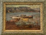a picture of a painting of boats on the water