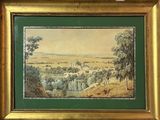 an image of a painting of a landscape with a river in the foreground