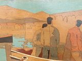 un tableau représentant deux hommes debout près d'un bateau sur l'eau