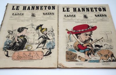 un vieux livre avec des illustrations représentant un homme et une femme portant un chapeau rouge