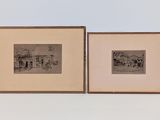 two framed photographs of people standing in front of a building