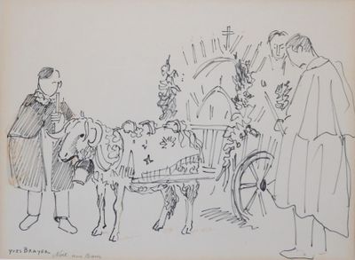 drawing of a man standing next to a horse drawn carriage