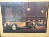 an image of a painting of a vintage car parked in front of a building