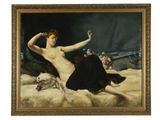 an image of a painting of a woman laying on a bed with a cat