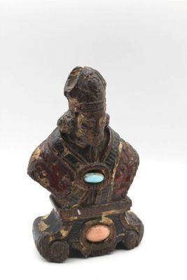 Buste de St Evêque en bois décoré de pierres fines H.