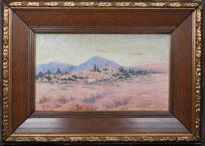 une peinture à l'huile représentant un paysage désertique avec une montagne en arrière-plan