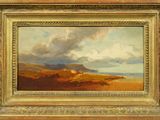 a painting of a landscape with a mountain in the distance