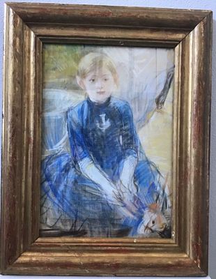 tableau représentant une femme en robe bleue assise par terre