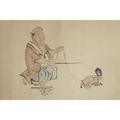 an image of a drawing of a man with a dog on a leash