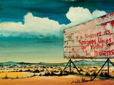 une peinture représentant un panneau publicitaire au milieu du désert