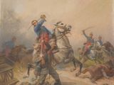 tableau représentant un homme à cheval, aux côtés d'un autre homme à cheval