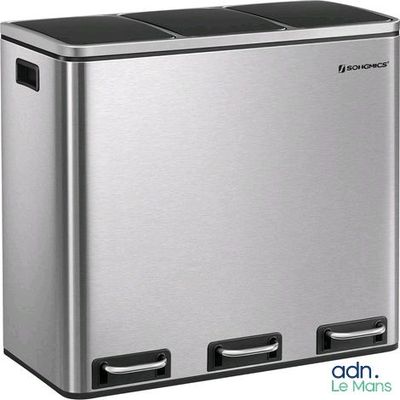 a close up of a silver trash can on a white background