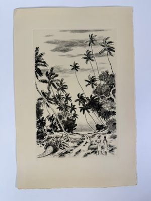 un dessin en noir et blanc représentant une scène de plage avec des palmiers