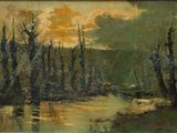 peinture représentant une rivière avec des arbres au premier plan