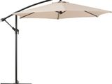 a beige umbrella with a black pole on a white background