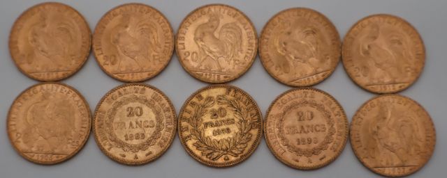 Dix pièces de monnaie en or à valeur faciale de vingt francs (dif...