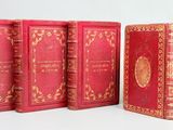 Plusieurs livres rouges sont alignés sur une surface blanche