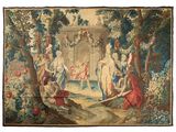 an image of a tapestry with a painting of people in a garden