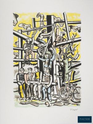 a painting of a group of people standing in front of a building