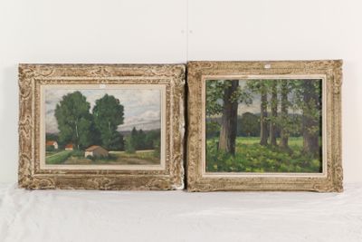 une paire de tableaux représentant un paysage champêtre avec des vaches dans un pré
