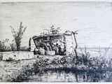 dessin d'un vieux bâtiment en pierre situé au bord d'un plan d'eau