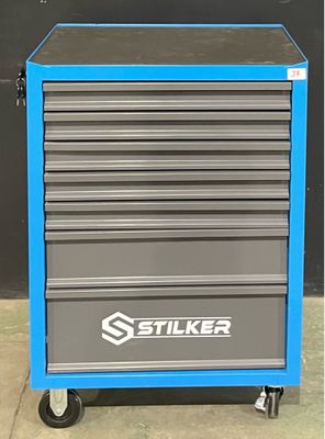 an image of a blue tool cabinet with a sticker on it