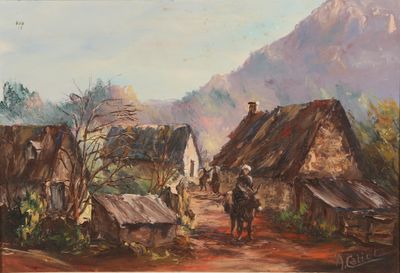 tableau représentant une scène de village avec, au premier plan, un homme à cheval