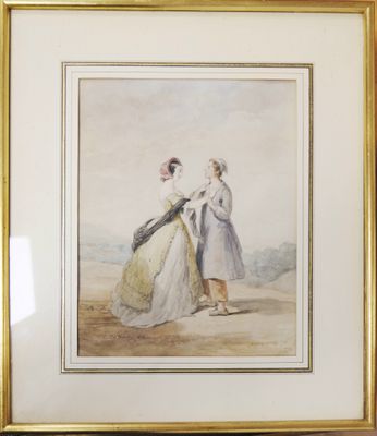 painting of two women standing in a field, one of which is holding an umbrella