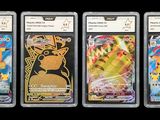 quatre cartes à collectionner Pokémon différentes alignées sur un fond noir