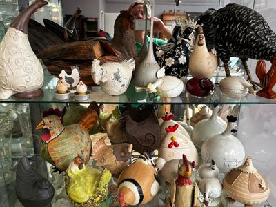 a glass shelf filled with different types of figurines