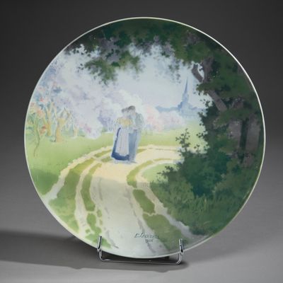 a plate with a painting of a woman walking down a path