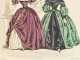 an old fashion book with two women in dresses and a man in a suit