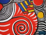 painting of a red, black, white, and blue abstract design