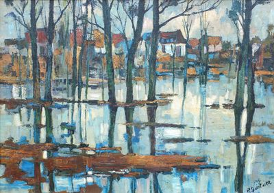 a painting of a flooded area with trees in the foreground