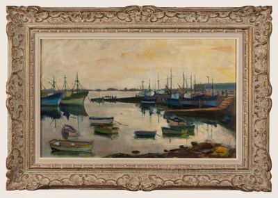 a painting of a harbor scene with boats in the water