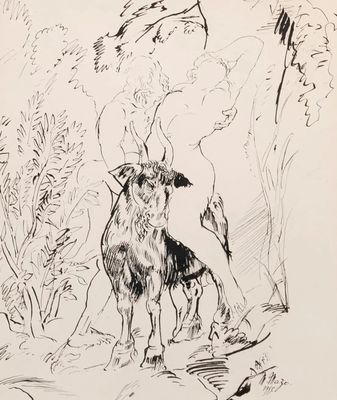 un dessin en noir et blanc représentant une chèvre et un oiseau