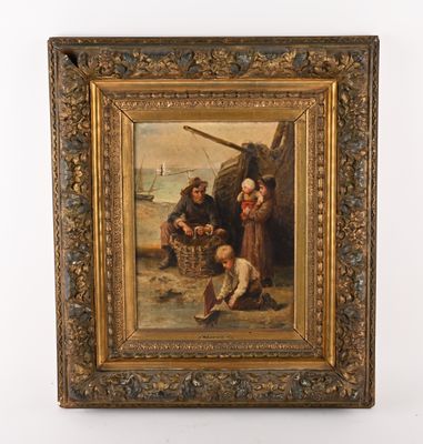 an old painting of a family by the sea with a boat in the background