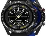 the watch is black and blue with a yellow second hand