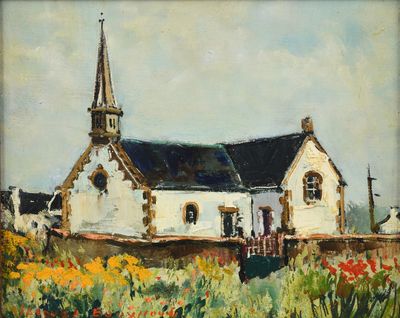 an oil painting of a church in a field of flowers