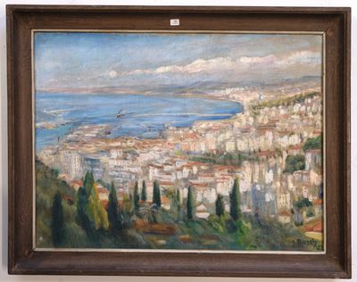 an oil painting of a view of a city with a sea in the background