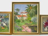 trois tableaux encadrés représentant une maison et un jardin, dans un cadre doré