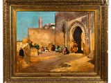 un tableau représentant une scène de rue avec des personnages et des bâtiments
